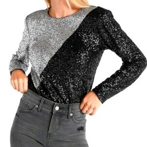 NWT Express Small Silver/Black Sequin Padded Shoulder Bodysuit 1 Piece S